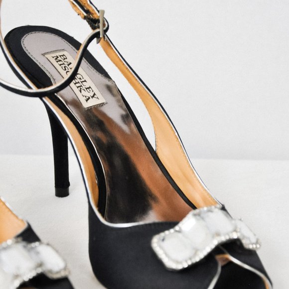 Badgley Mischka Black Satin High Heels - Picture 3 of 9